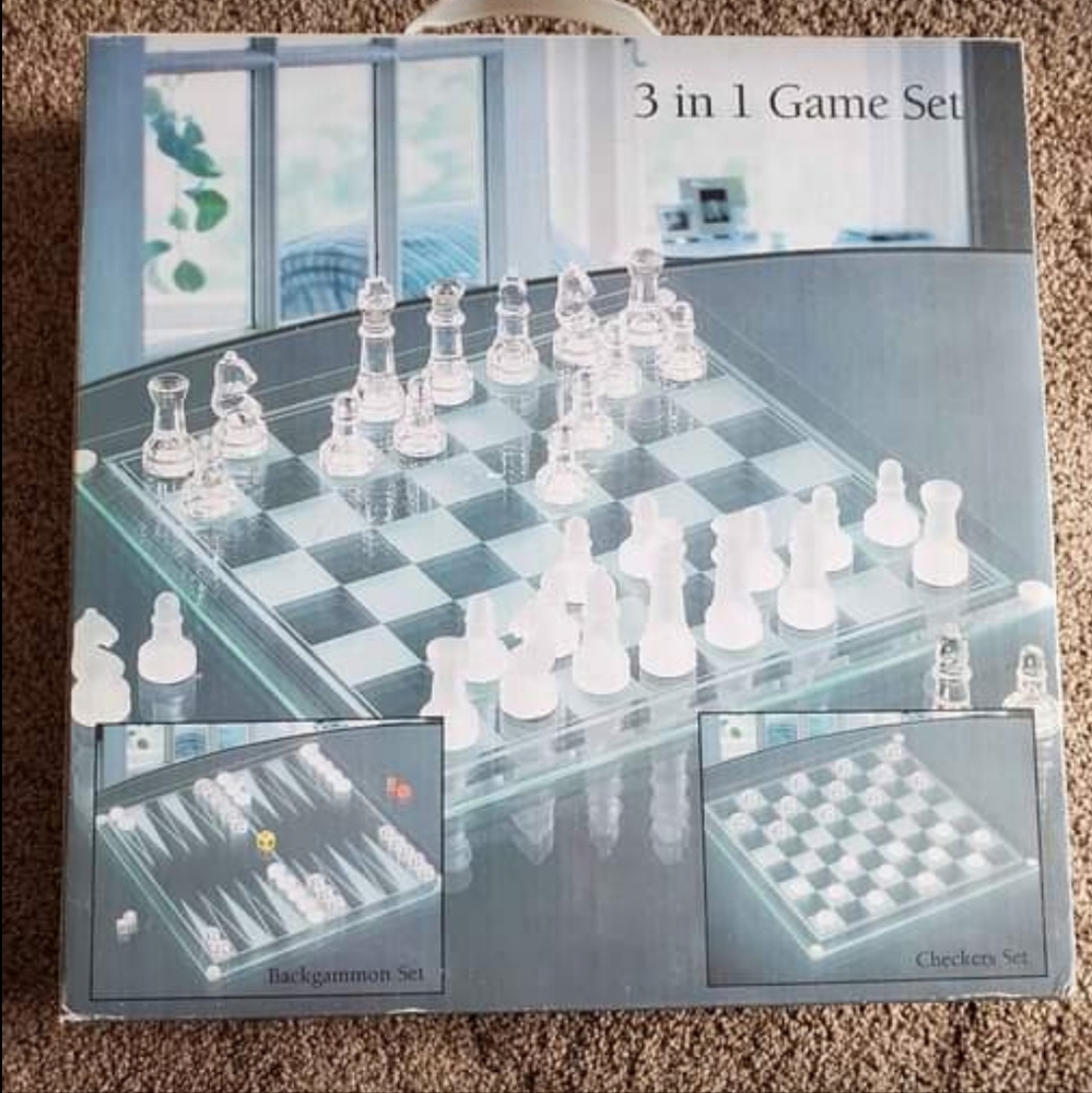 3 in 1 chess checkers backgammon glass set